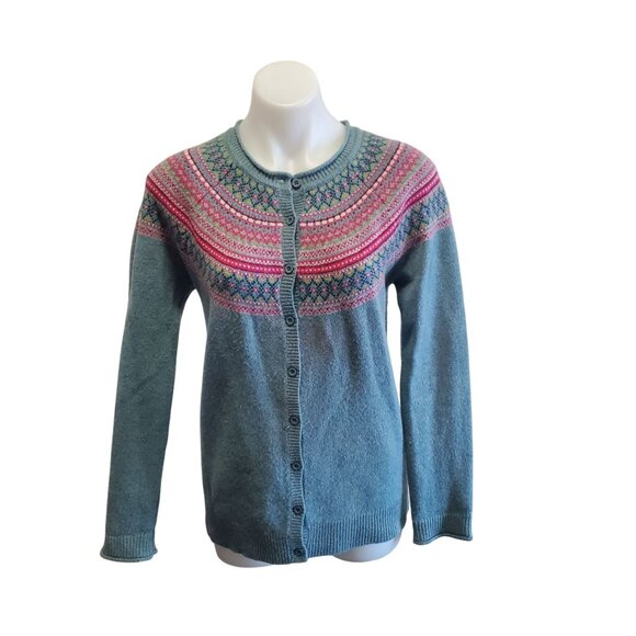 Tabitha Webb Womens Lambswool Fair Isle Crew Neck Cardigan Sweater Med Gray Pink - Picture 1 of 7